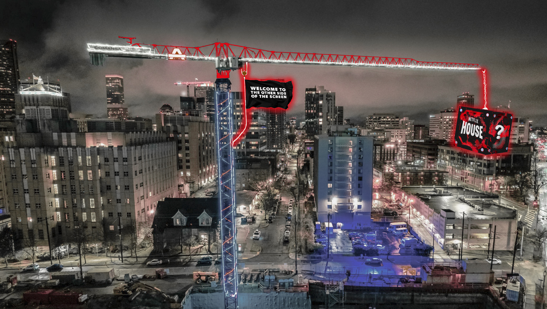 Nighttime cityscape with a construction crane. One sign reads 'Welcome to the other side of the screen,' and another displays a red screen with the words 'Netflix House' with a question mark, surrounded by abstract red and black graphics.