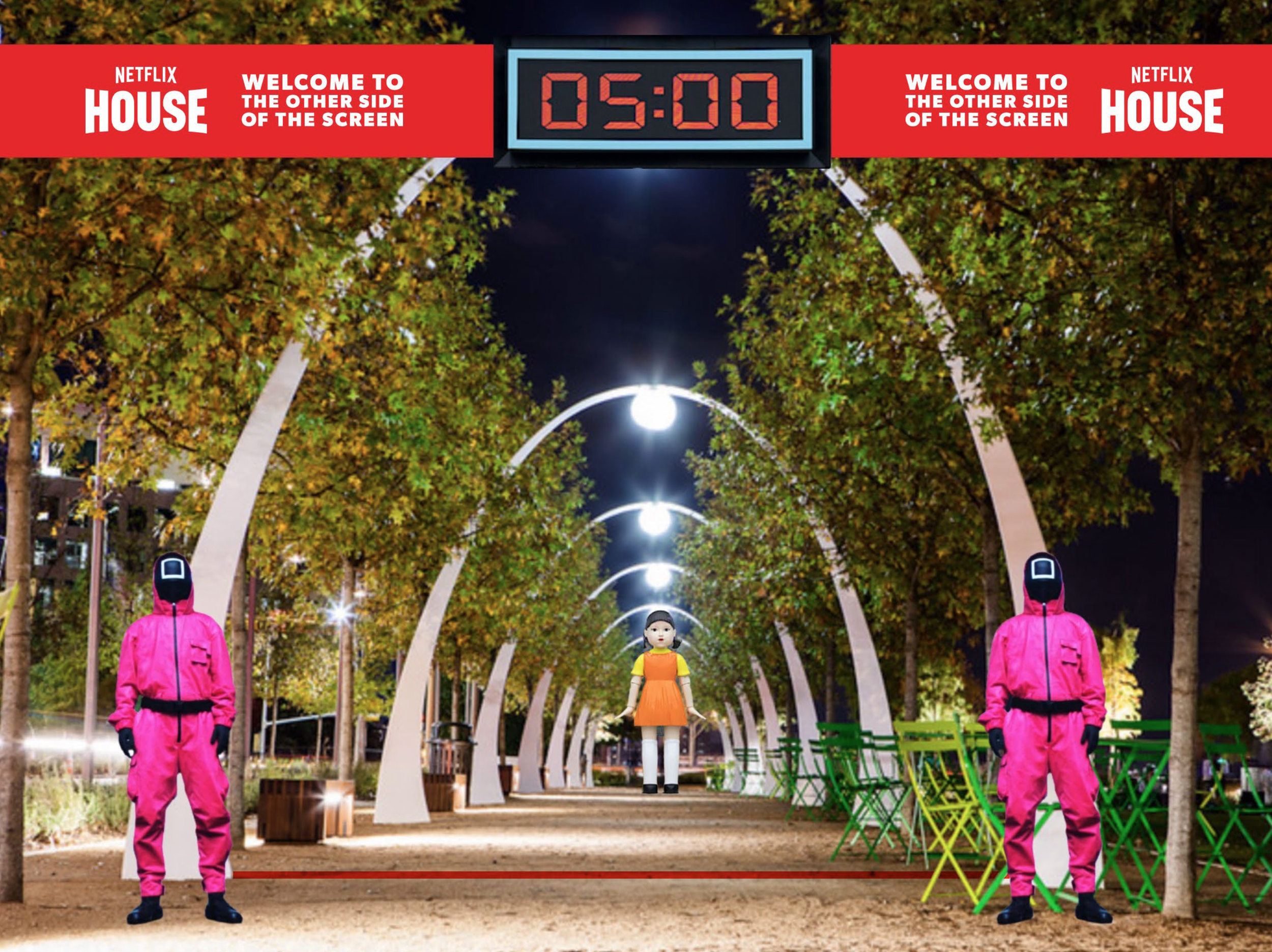 Night scene in a park with a lit archway lined with trees and seating areas. Two  stand on either side of a walkway, and a doll in an orange dress stands in the middle of the path. A digital timer at the top displays 05:00, surrounded by red banners 