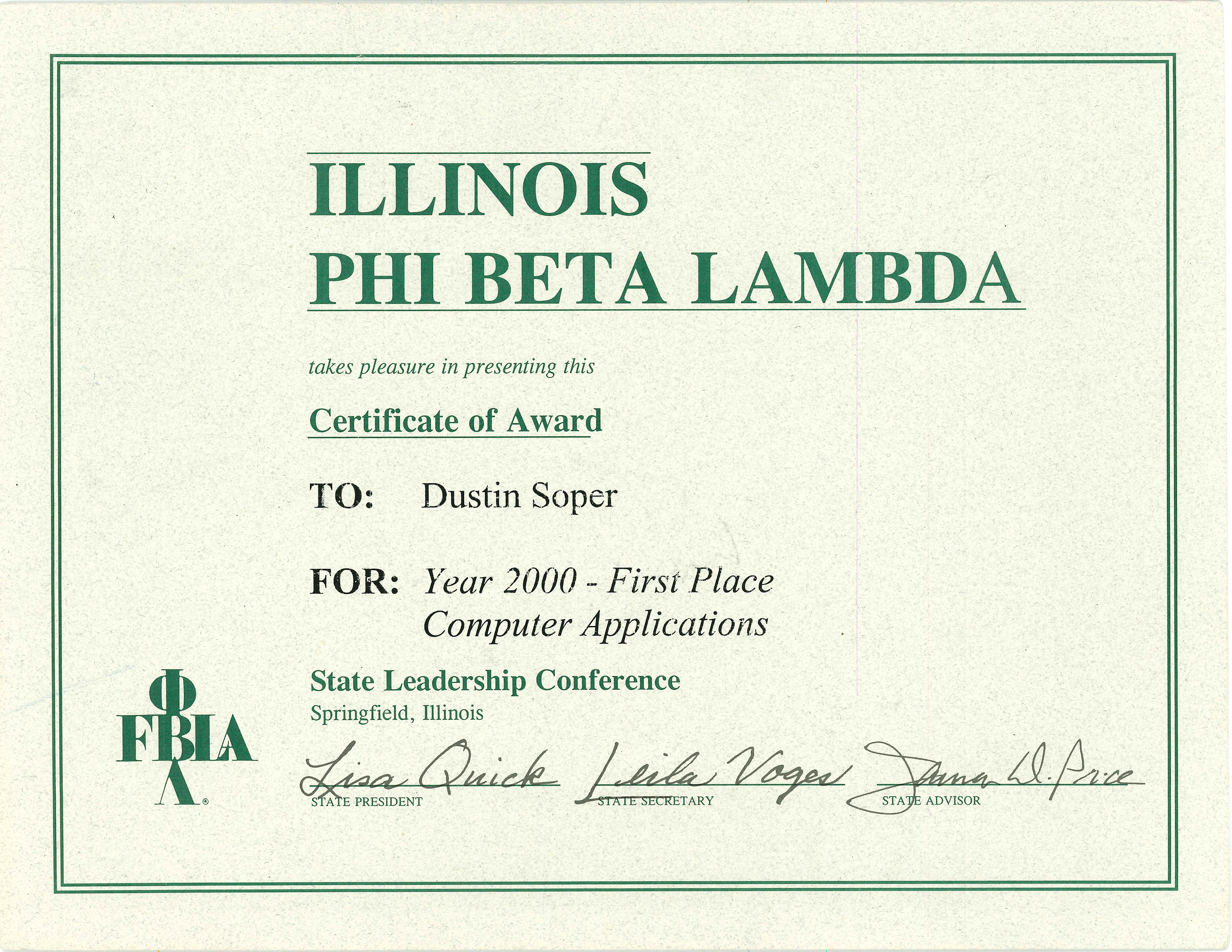 Illinois Phi Beta Lambda - First Place - Computer Applications - 2000