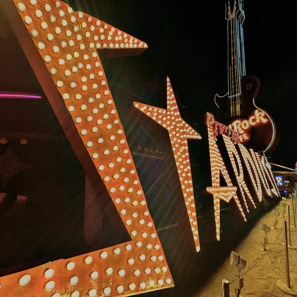 Stardust Hotel and Hard Rock Café Signs at Neon Boneyard