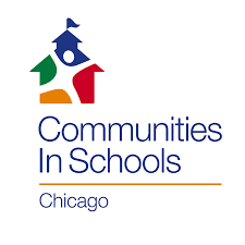 Logo of Communities In Schools Chicago, featuring a stylized house and figures in blue, green, and red above the text.