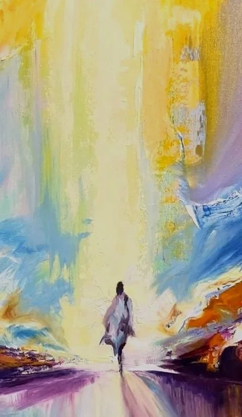 A cloaked figure walking into the light