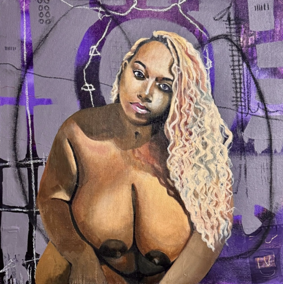 "Nola " Acrylics, House Paint and Mixed Medium on 24x24 inches stretched canvas 2025