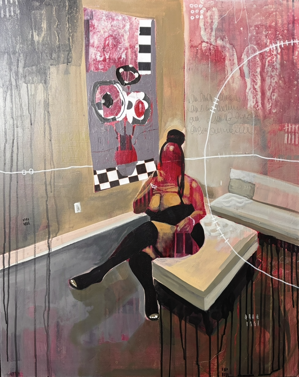 "Tonight Im gonna do What a Single Woman Does " Acrylics, House Paint and Mixed Medium on 24x30 inches stretched canvas 2025