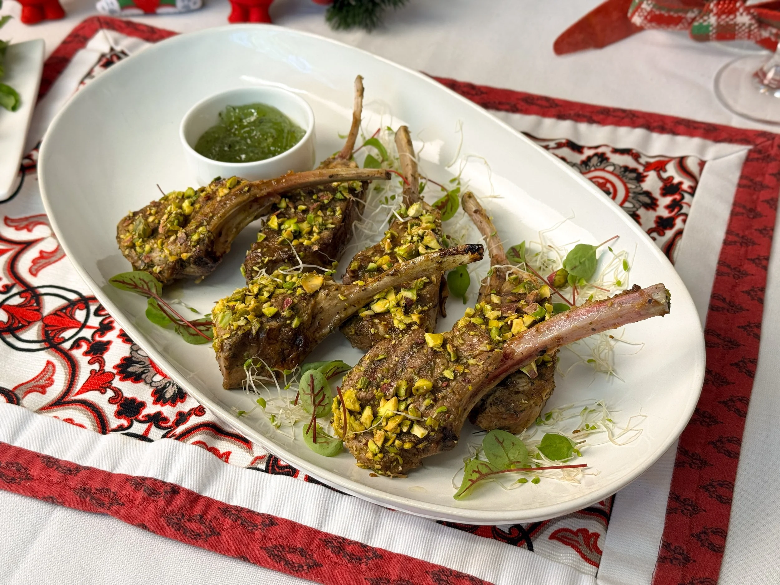 Chef Leo Iza Grass-fed lamb cutlets, pistachio & mint gel DF, GF