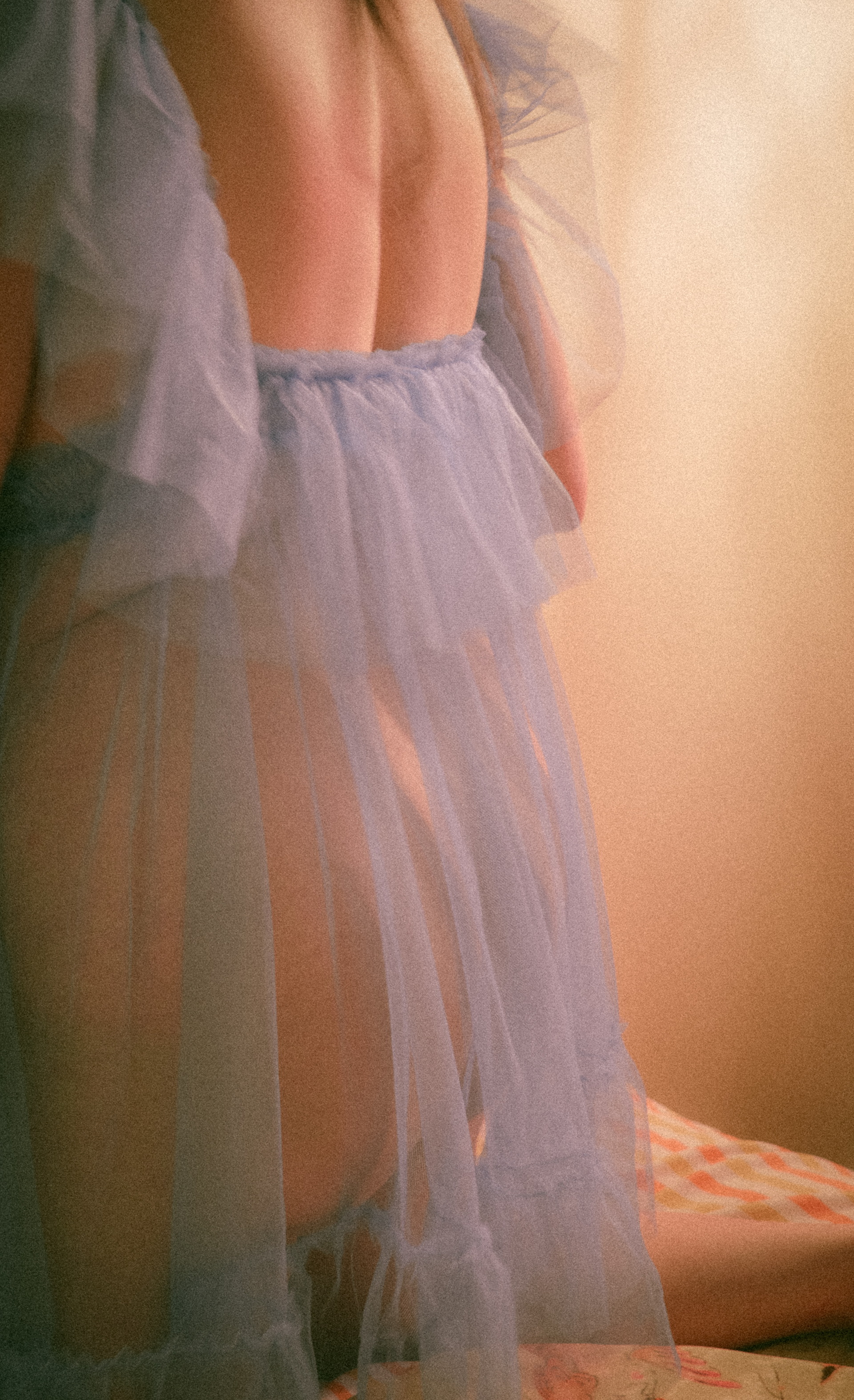 Close-up of a woman in a sheer, lilac, ruffled nightgown, sitting on a bed with patterned bedding. The focus is on her back and side, with soft lighting creating a warm atmosphere.