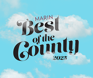 Text graphic with a blue sky background reading "Marin Best of the County 2025" in decorative fonts.