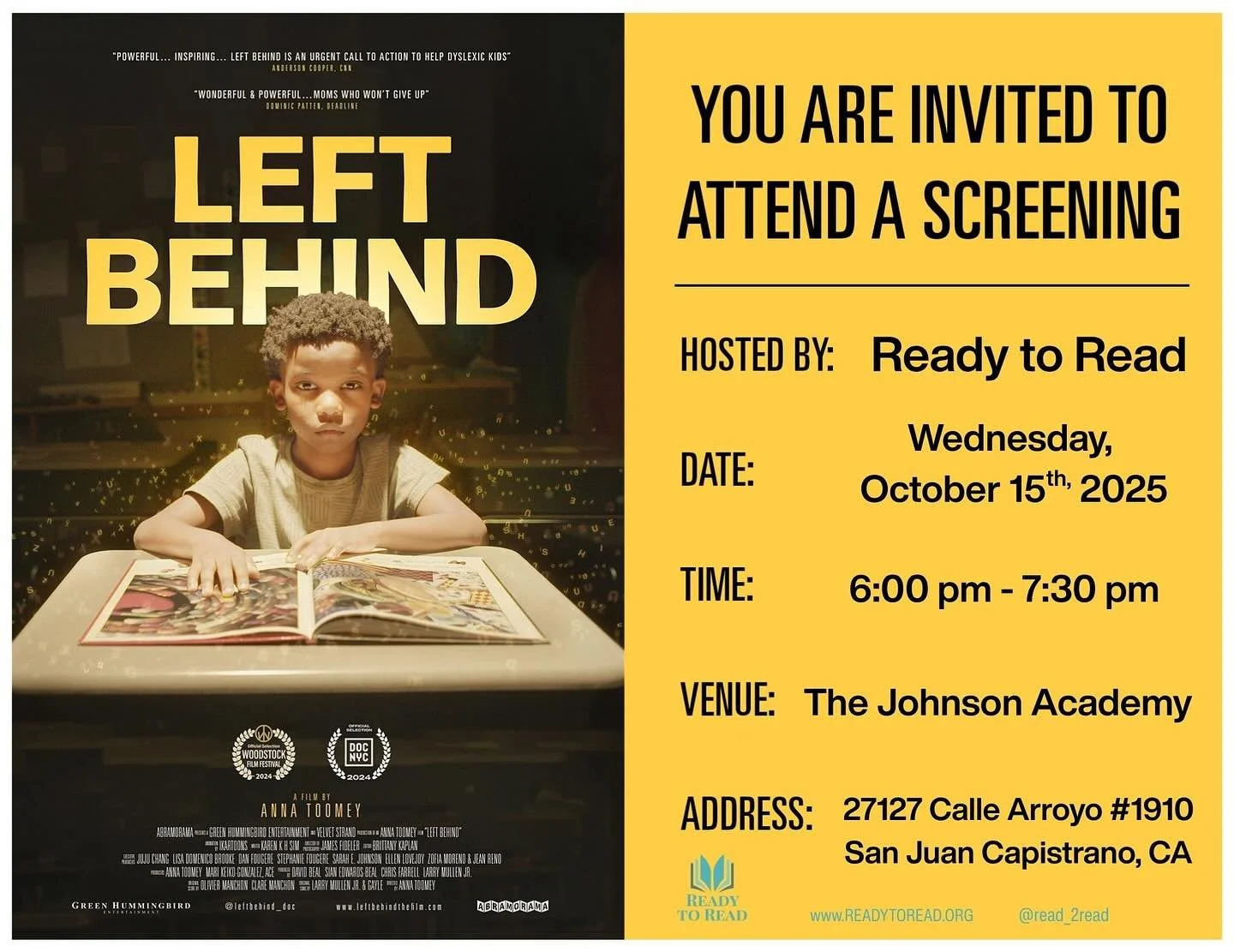 October is dyslexia awareness month! You are invited to a special screening at The Johnson Academy. The film, Left Behind, is an inspiring story of determined moms who band together to create the first public dyslexic school in New York. Hosted by @r