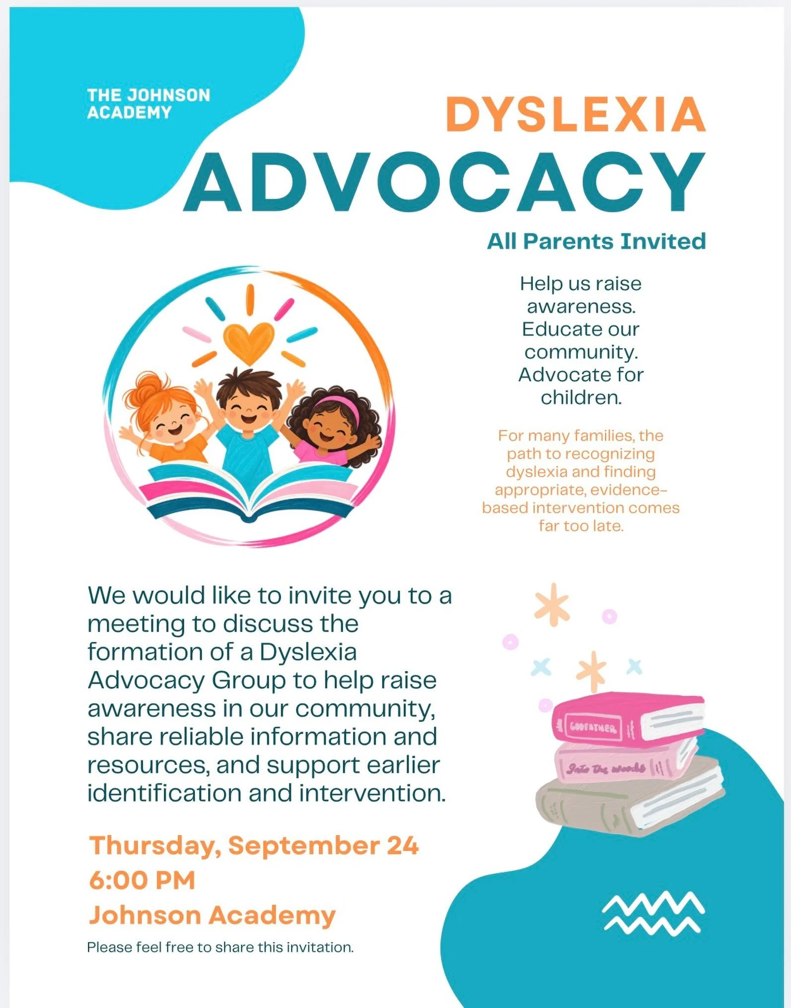 You are invited! Save the date for the new dyslexia advocacy parent meeting. 📅 Thursday, September 24th ⏰ 6:00pm at The Johnson Academy. Please bring a friend. #dyslexicthinking #advocate #inclusiveeducation #dyslexia #parenting 📚