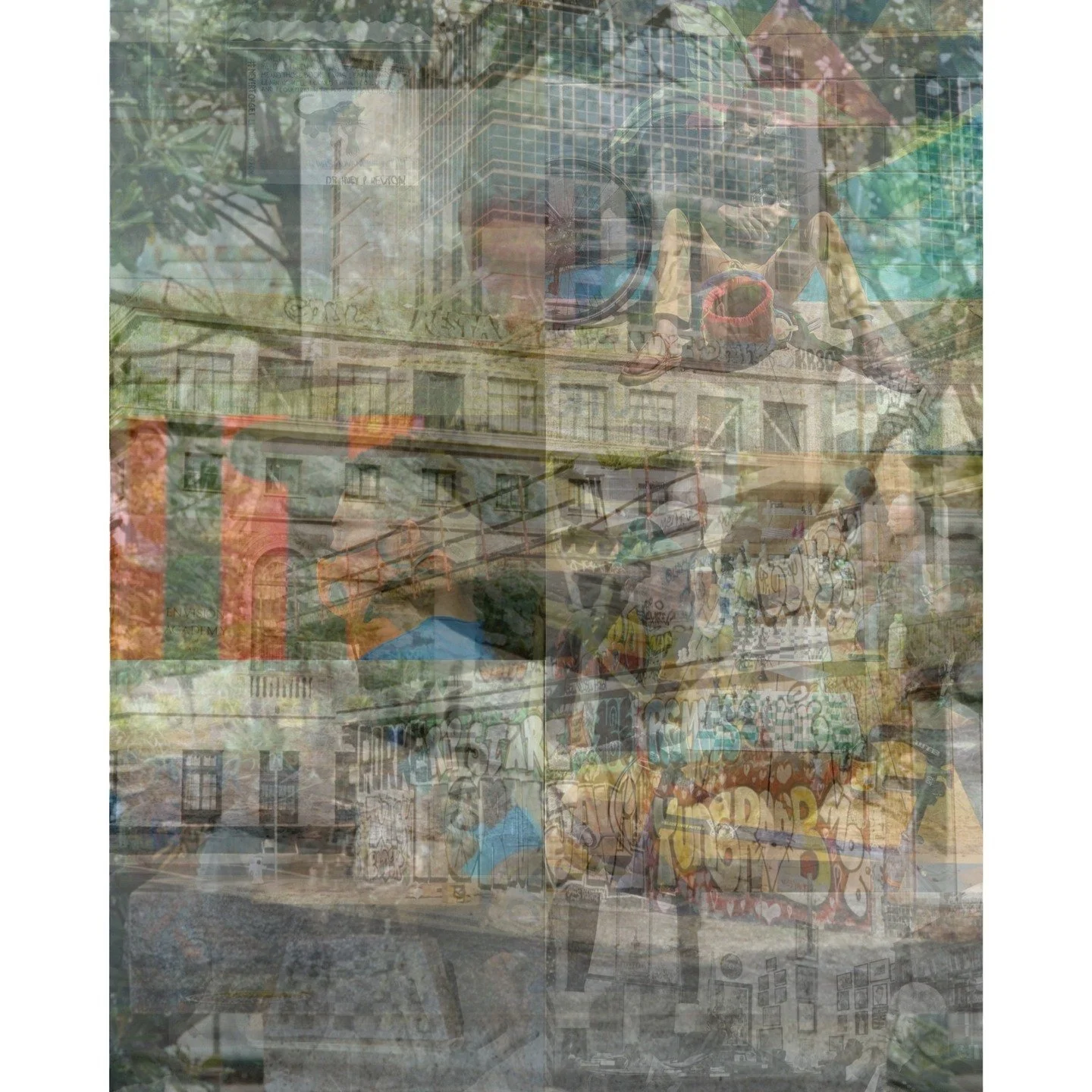 Experimenting with some ideas. Basically just layering a digital collage of photographs over a 30x30 grid at varying transparencies. 

I like the tie-dye effect of the colors. And the composition holds a subtle logic. More experiments are on their wa