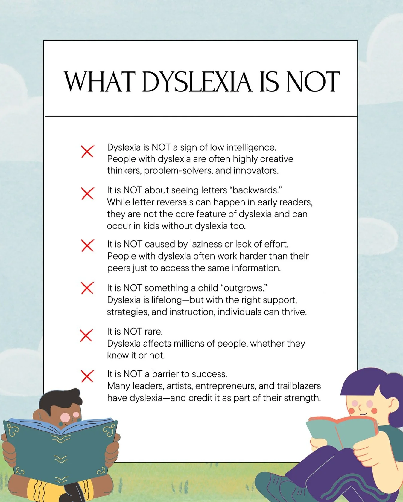 ✨ What Dyslexia is NOT ✨

Let&rsquo;s clear up some big misconceptions about dyslexia:

It&rsquo;s not a lack of intelligence.
It&rsquo;s not laziness.
It&rsquo;s not &ldquo;seeing letters backwards.&rdquo;
And it&rsquo;s definitely not a barrier to 