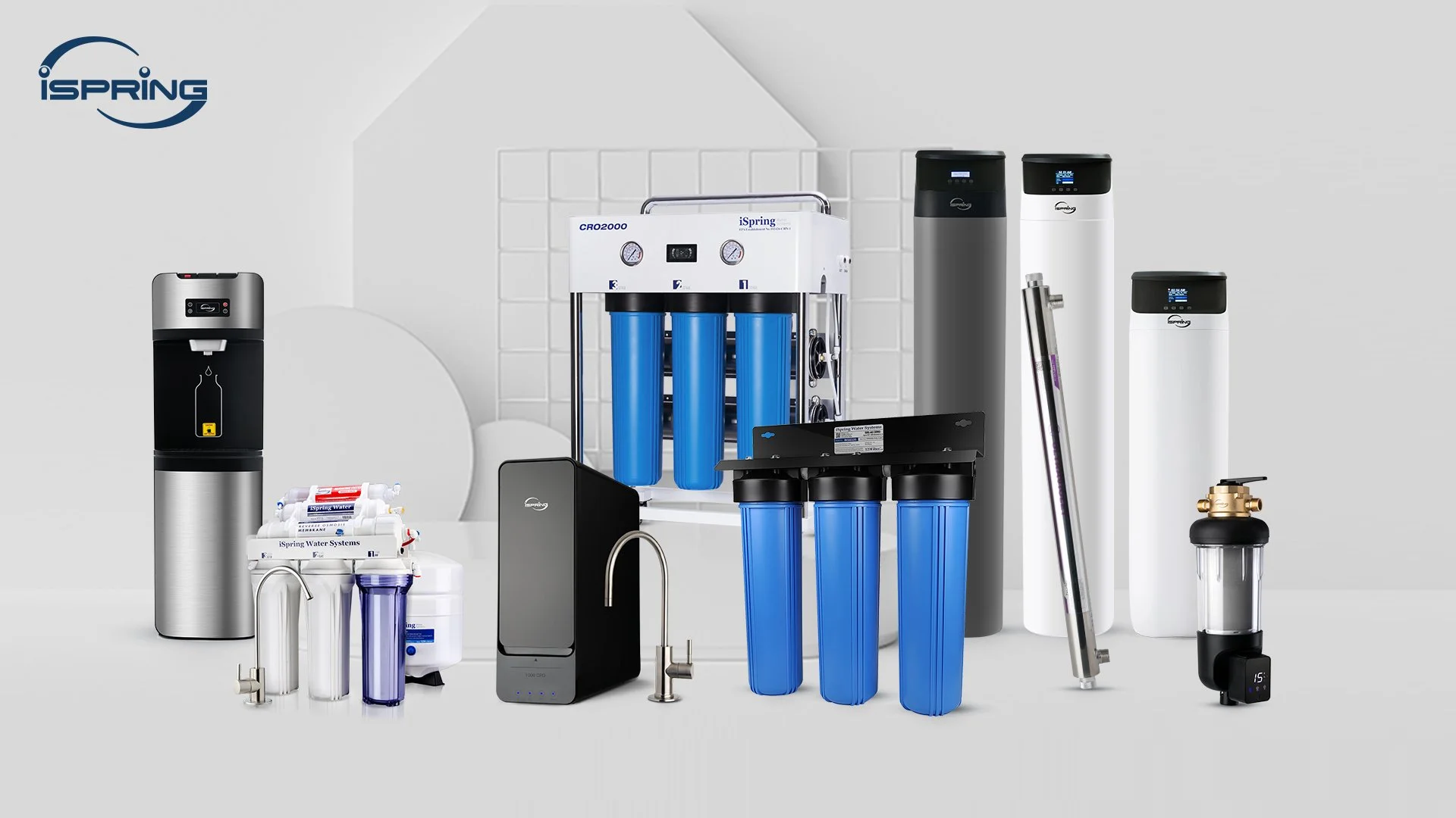 "A comprehensive range of iSpring water filtration systems, including whole-house filters, reverse osmosis units, and countertop dispensers.