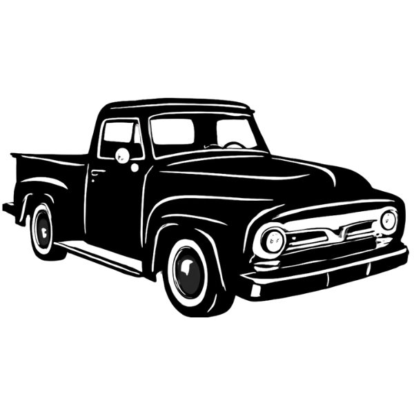 A vintage pickup truck with a dark body, chrome grille, and round headlights.