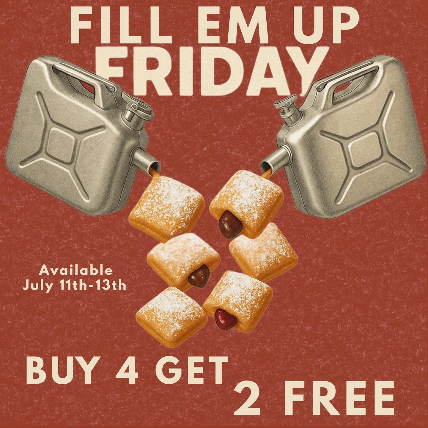 Fill Em Up Friday is HERE! 🍩⛽️

Buy 4 filled beignets and get 2 FREE of your choice &mdash; but you must mention this post to snag the deal! 🙌

Available Friday (July 11) through Sunday (July 13) only. Don&rsquo;t miss out on the sweetest way to fu