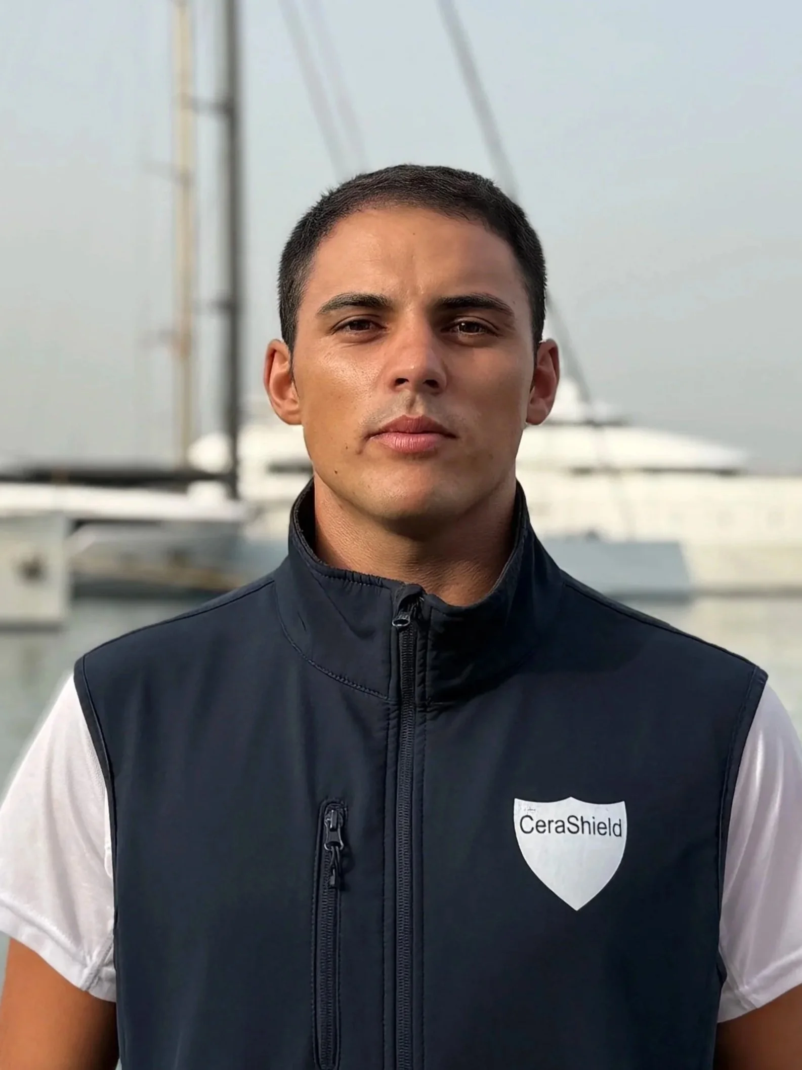 A man wearing a black jacket with a logo that reads 'EraShield' on it, standing in front of a marina with boats and masts in the background.
