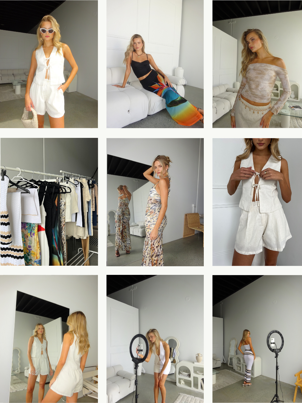 Collage of women modeling various fashionable outfits in minimalist, modern indoor settings, with clothing racks and studio equipment visible.