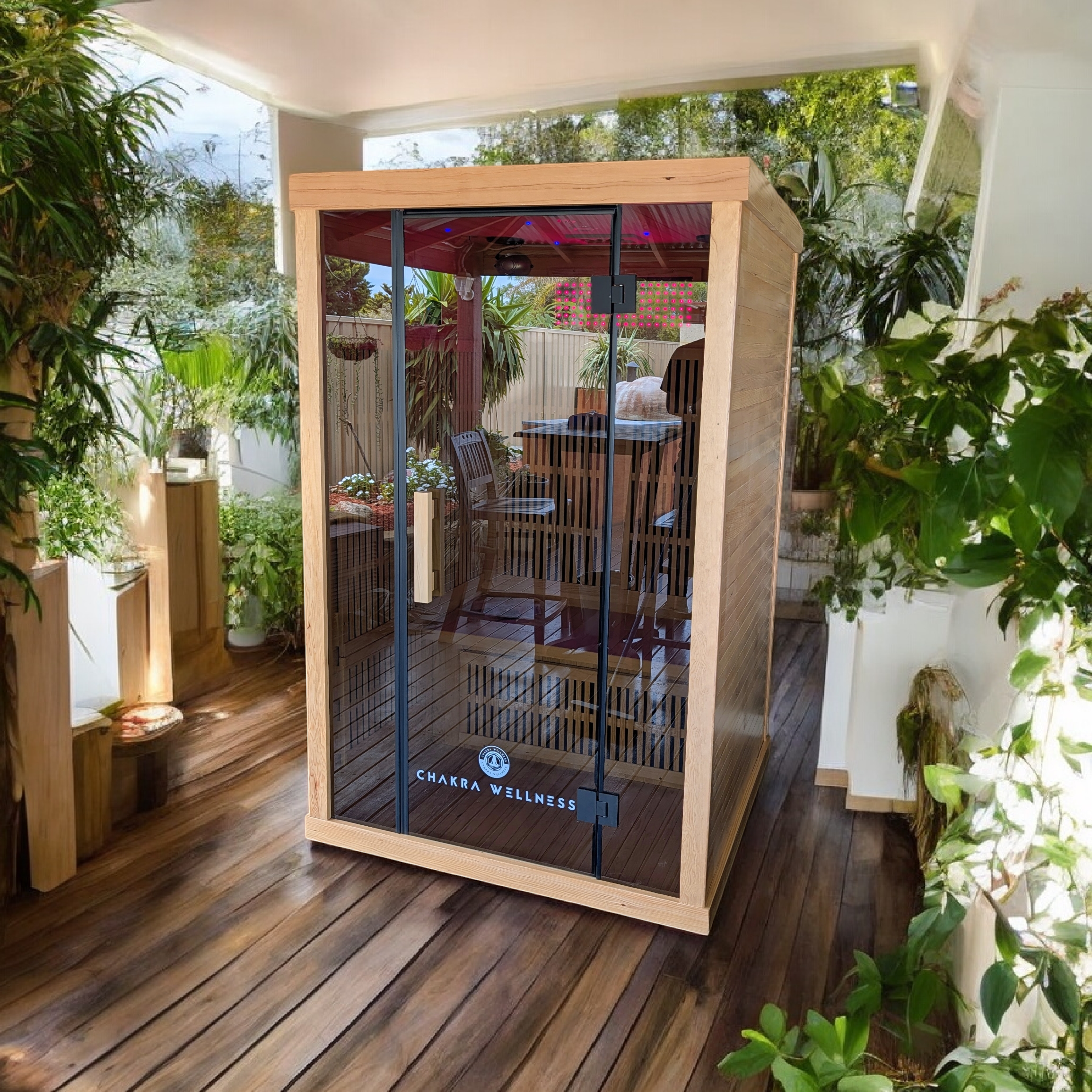 GlowZen 2-person low EMF far infrared sauna with timber-clad sides