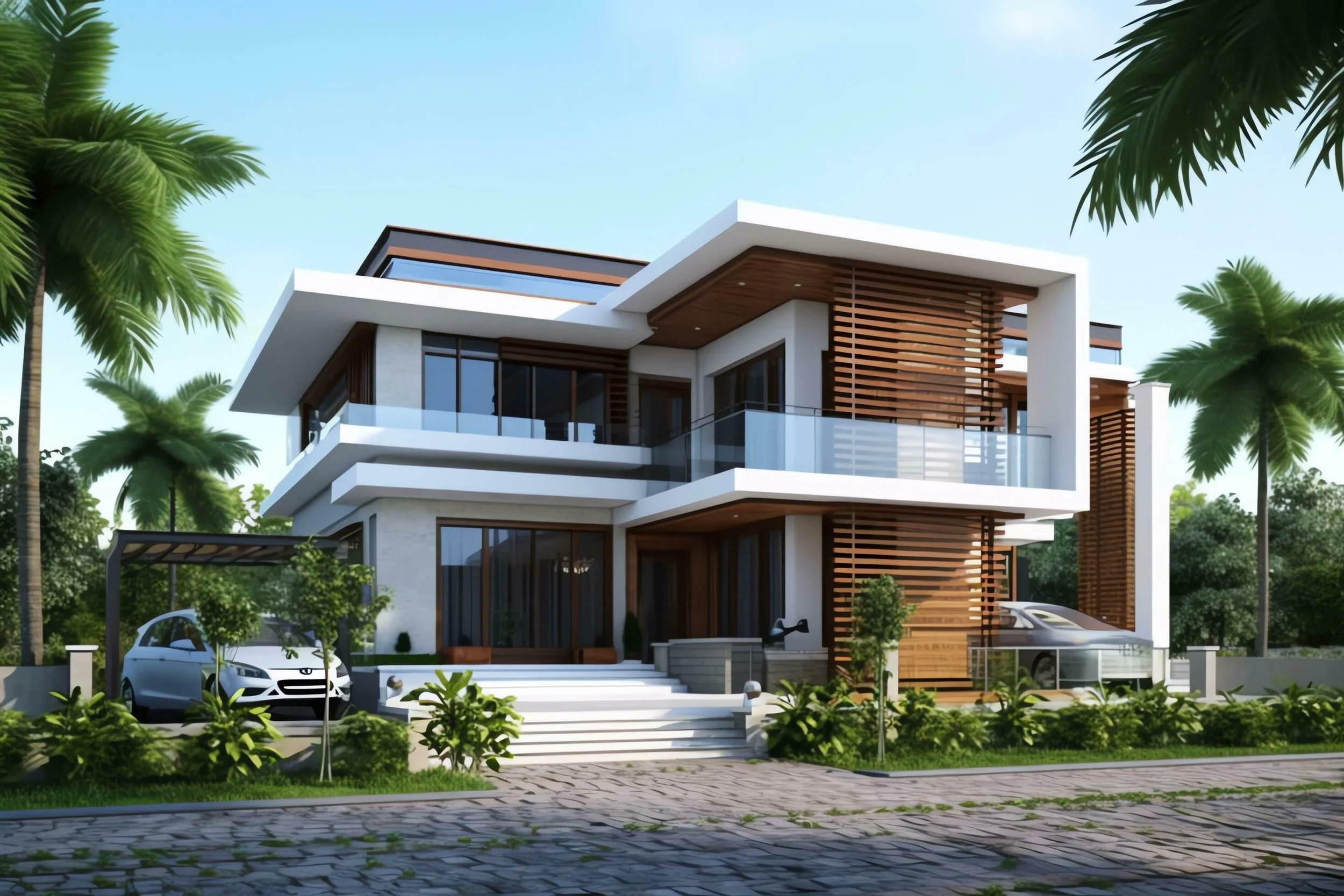 Modern two-story house with white exterior, glass balcony railings, wooden accents, and surrounding greenery, including palm trees.