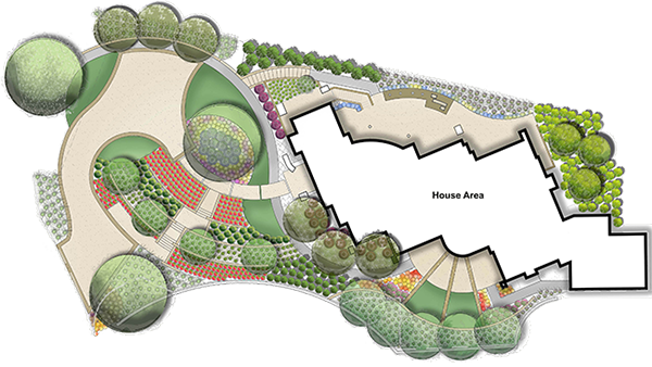 Site plan of a residential property with house area, garden, pathways, trees, and landscaped sections.