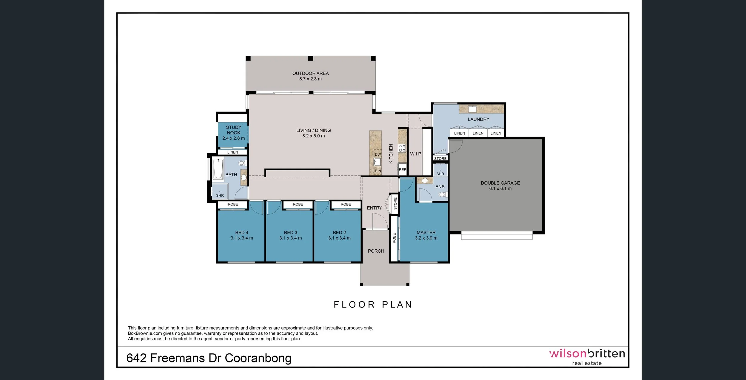 Floor plan of a house with four bedrooms, a living and dining area, kitchen, bathroom, laundry, double garage, porch, outdoor area, study nook, and multiple storage and linen closets.
