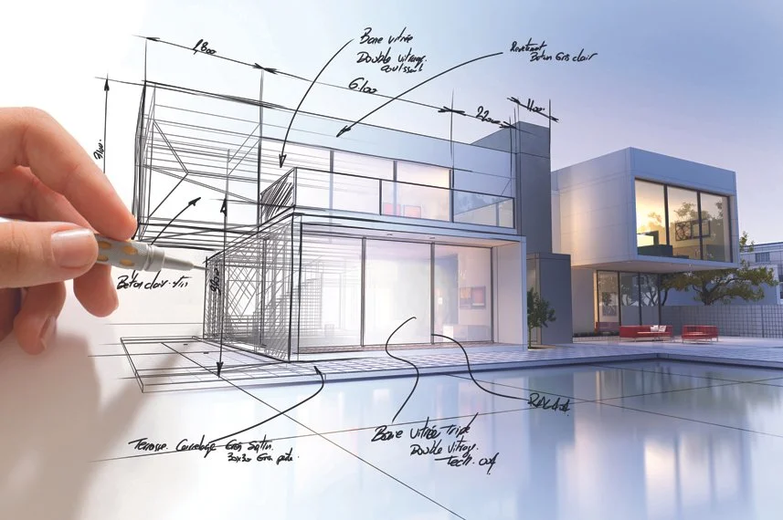 A person is drawing architectural designs on a rendering of a modern house with a swimming pool, combining sketch lines and a photo of an existing structure.