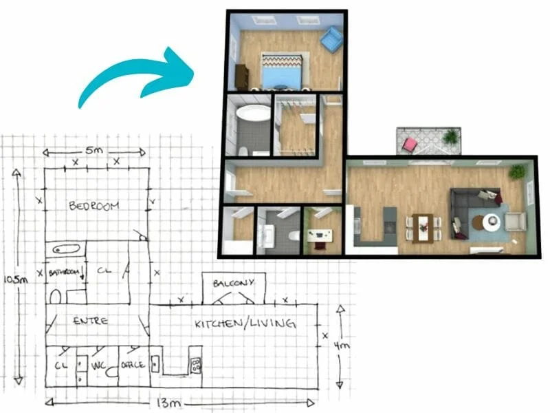 Floor plan of a two-bedroom apartment with a labeled bedroom, bathroom, balcony, and kitchen/living area, along with some additional rooms including an office and WC.