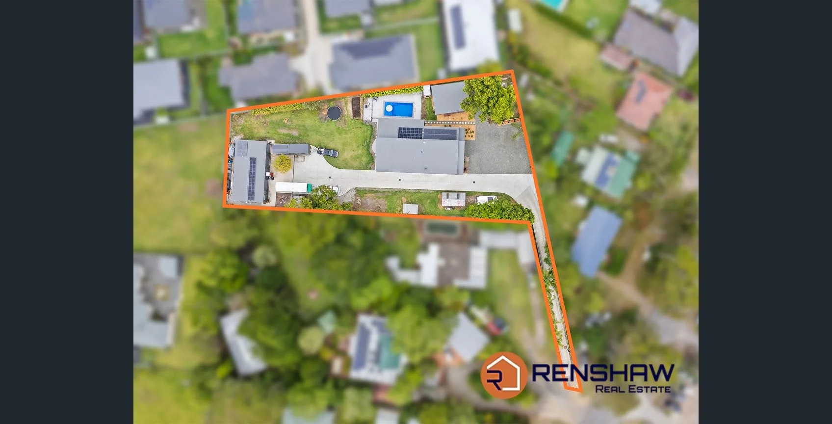 aerial view of a residential property with a outlined boundary in orange, showing a house, driveway, backyard pool, some trees, and neighboring houses, with the logo of Renshaw Real Estate at the bottom right corner.