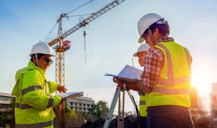 Three construction workers wearing safety helmets and reflective vests on a construction site, with a crane in the background, discussing plans.
