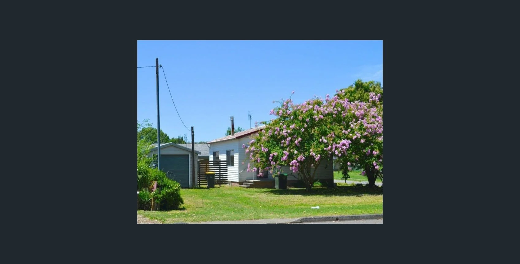 A white house with a porch and steps, large pink flowering trees nearby, a small shed, and utility poles under a clear blue sky.