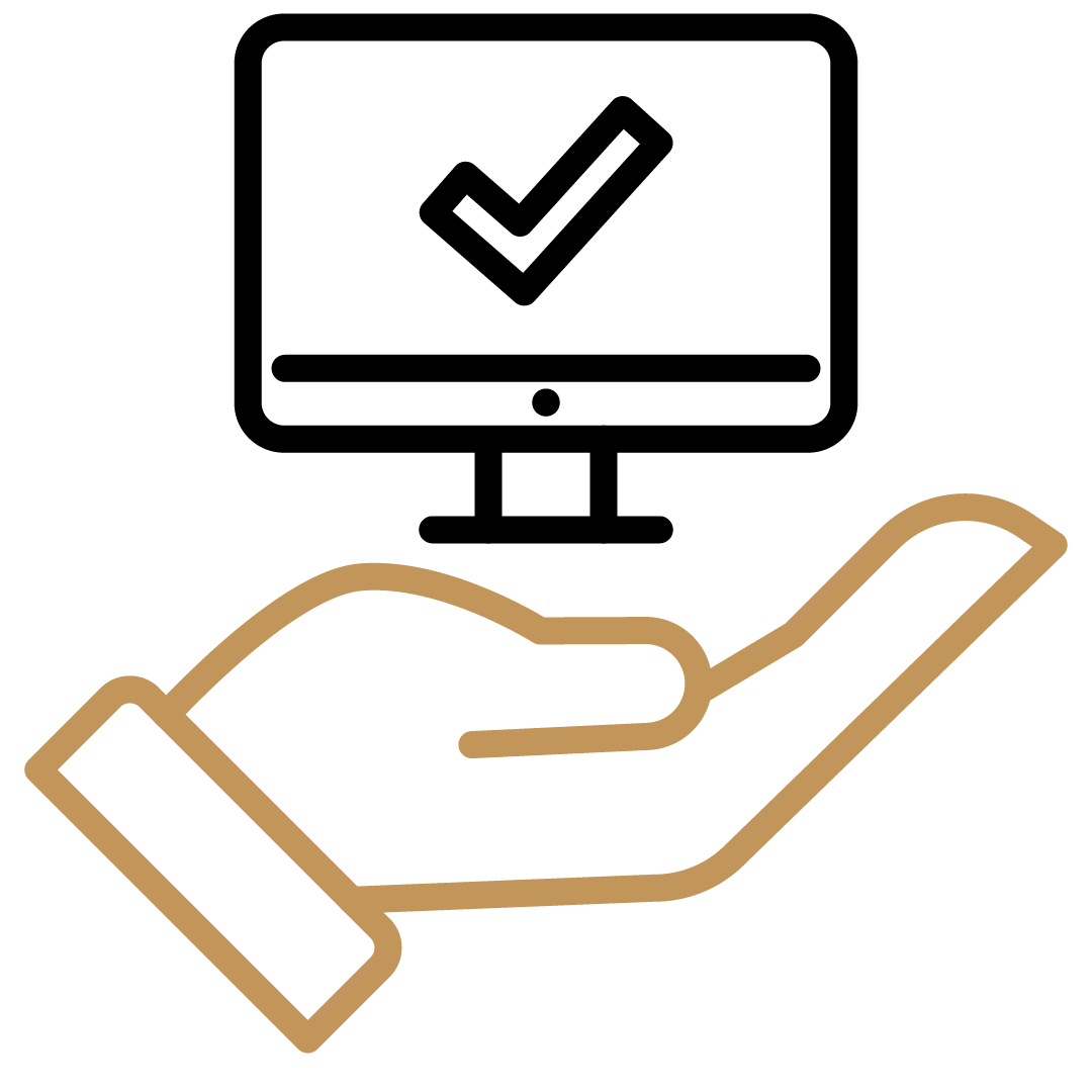 Ein stilisiertes Icon eines Hand, die nach oben zeigt, in brauner Farbe.