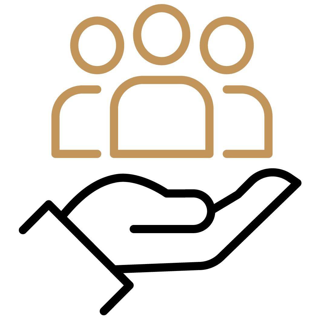 Symbol für eine Gruppe von drei Personen in goldener Linienzeichnung.