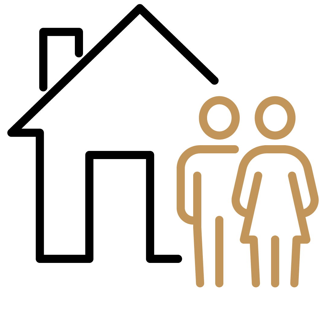 Ein Icon von zwei Menschen, einer männlich und einer weiblich, in brauner Linie auf schwarzem Hintergrund, mit Text in Deutsch 'Denken Sie an den Datenschutz'