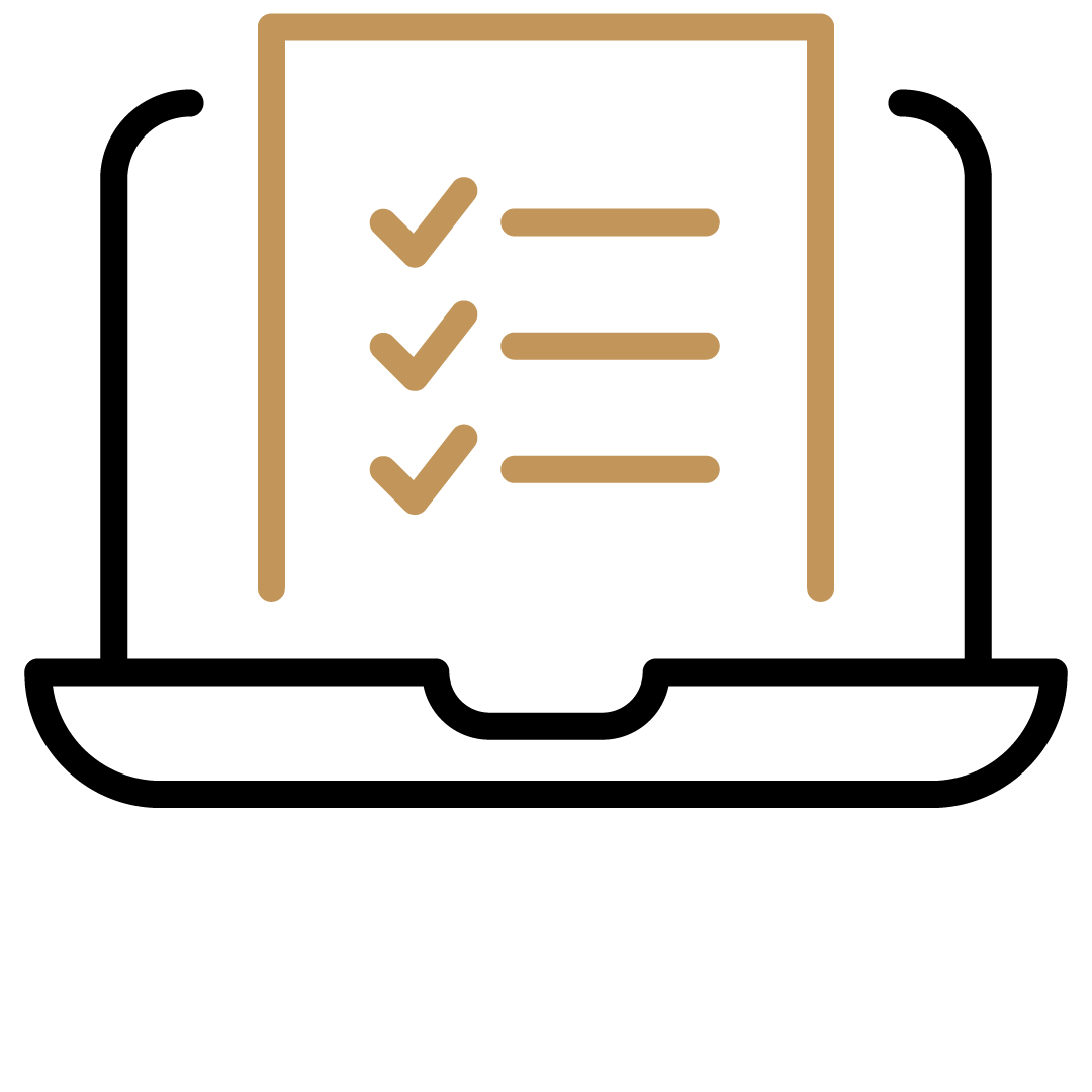 Symbolische Darstellung einer Checkliste mit drei Häkchen in einem Rahmen, in braunen Linien