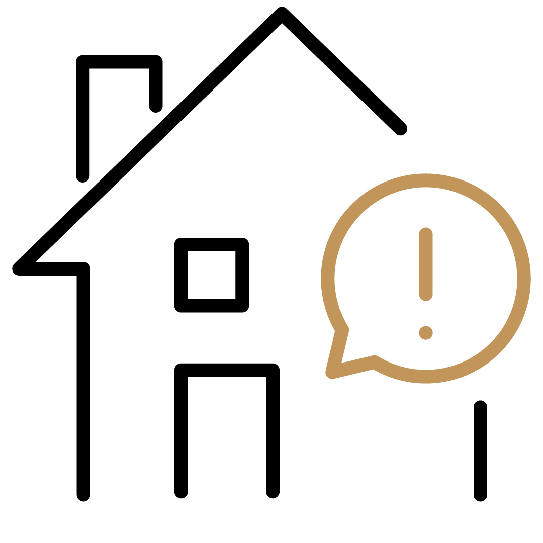 Symbol eines Smartphones mit einer Benachrichtigungstaste in der Mitte, daneben ein braunes Sprechblasen-Icon mit Ausrufezeichen, Hinweis auf eine WhatsApp-Benachrichtigung.