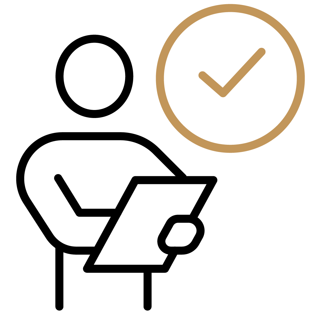 Symbol mit einem schwarzen Häkchen in einem braunen Kreis, daneben der Text 'Bestätigt' in schwarz.
