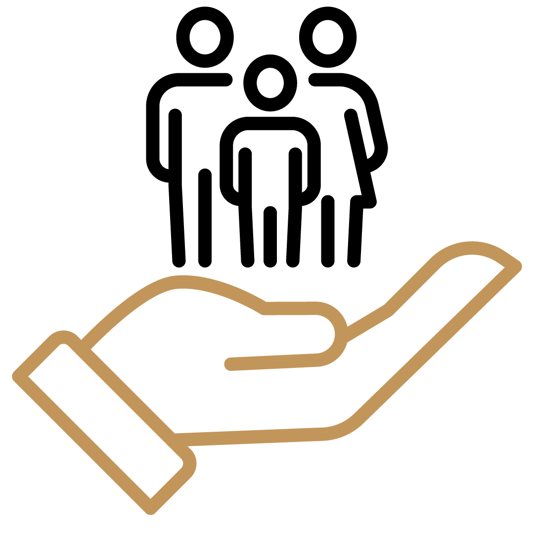 Eine stilisierte Illustration einer offenen Hand in brauner Farbe auf transparentem Hintergrund.