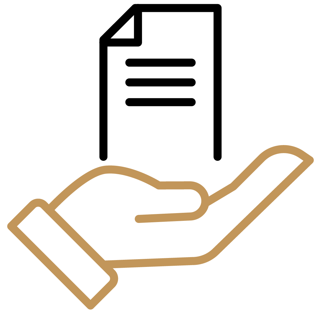 Ein stilisierte Hand in brauner Farbe, die eine helfende oder unterstützende Geste symbolisiert.