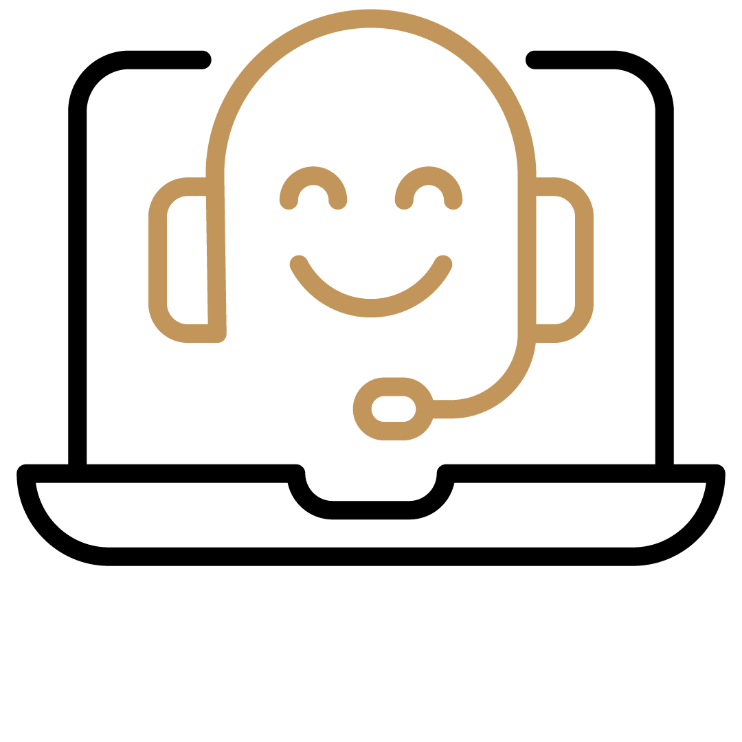 Goldene Linie, lächelndes Maskottchen mit Headset, Symbol für Kundenservice oder Support.