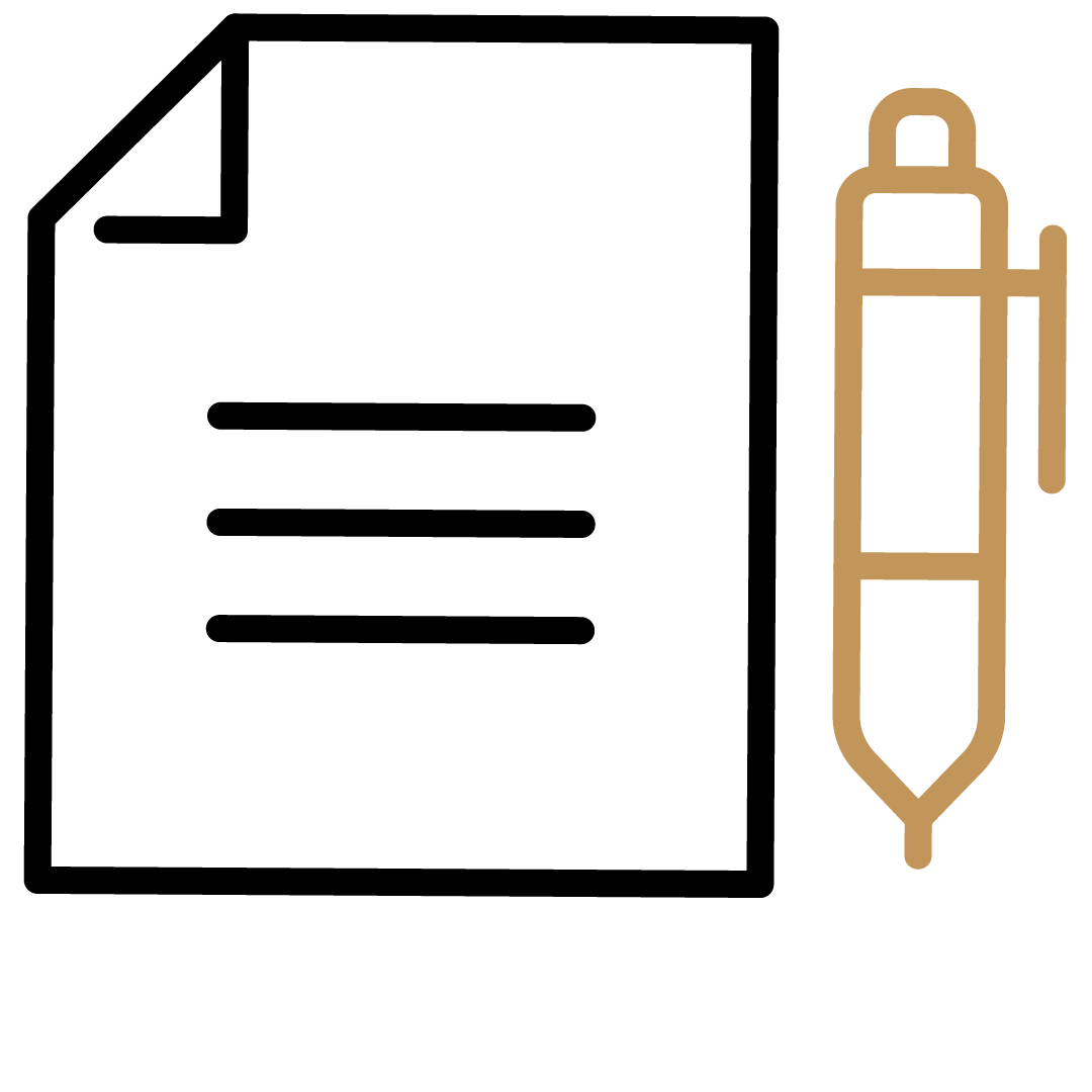 Schwarz-weiß Skizze mit einem schwarzen Kugelschreiber auf der linken Seite und einem goldfarbenen Füllfederhalter auf der rechten Seite.