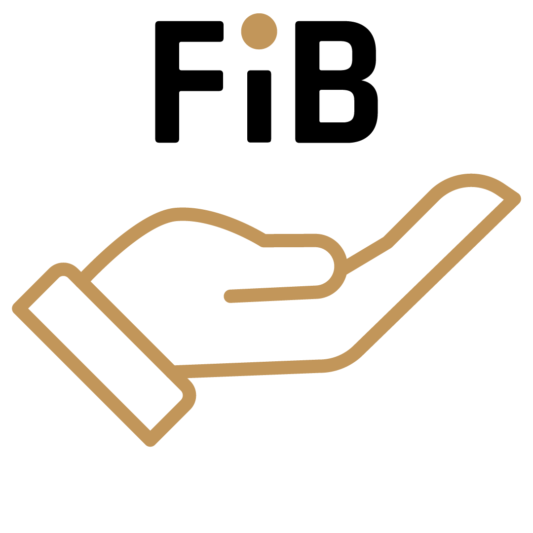 Das Logo zeigt eine stilisierte, goldfarbene Hand, die nach oben cusht, mit der Abkürzung 'FIB' in schwarzen Buchstaben darüber.