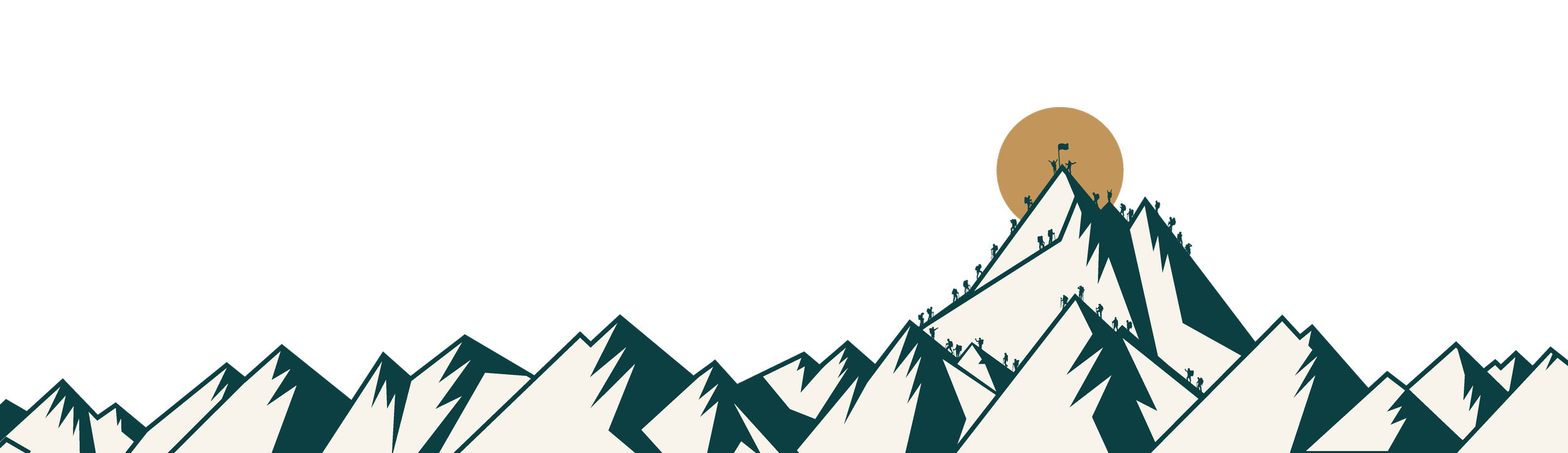Eine Illustration eines Bergpanoramas bei Nacht mit steilen, schneebedeckten Gipfeln, einem großen Vollmond im Hintergrund und kleinen Figuren, die auf den Bergen klettern.