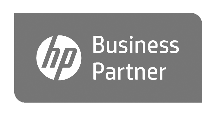 HP Logo neben den Worten 'Business Partner' auf einer grauen Hintergrund.