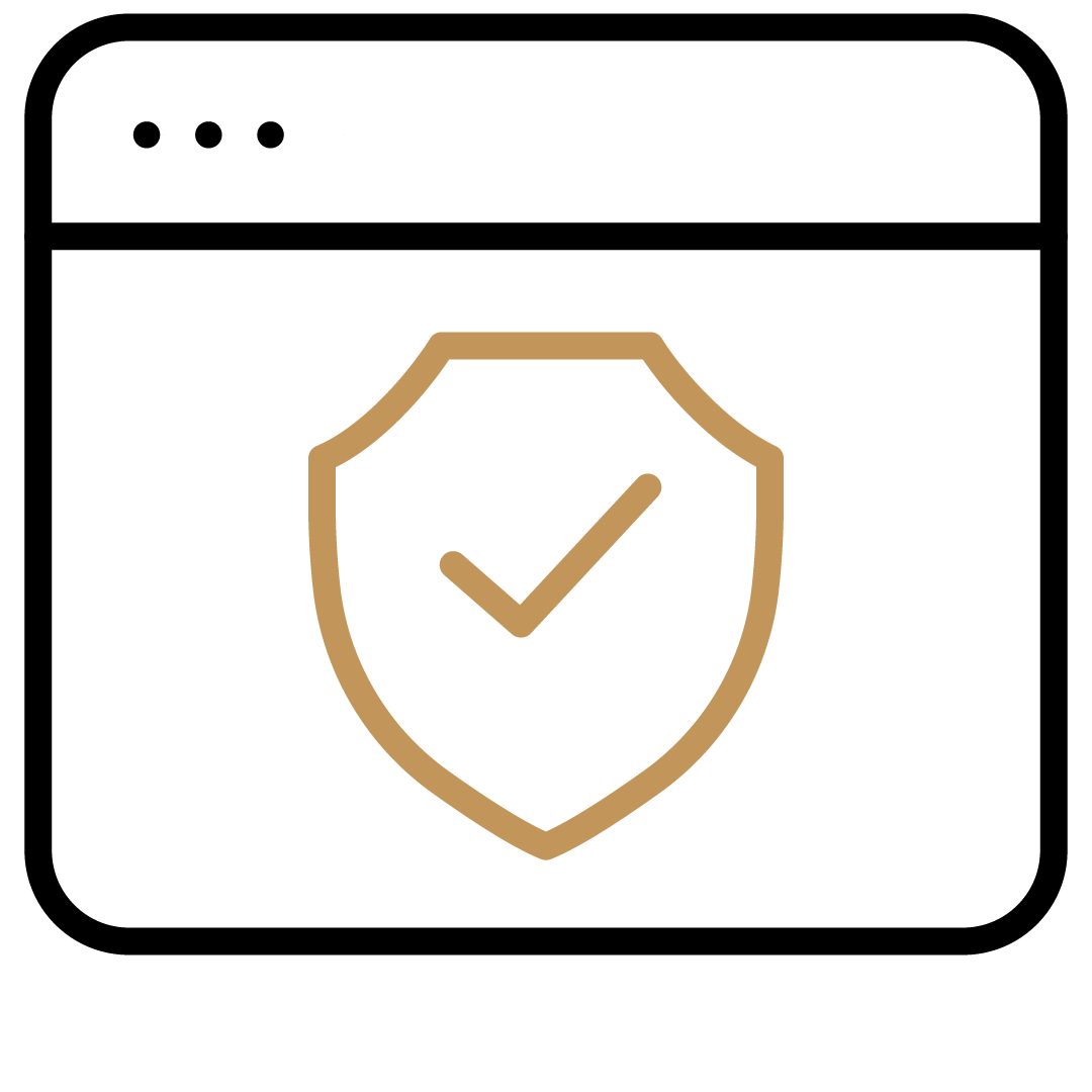 Symbol eines Schildes mit Häkchen, dargestellt in brauner Linie auf schwarzem Hintergrund.