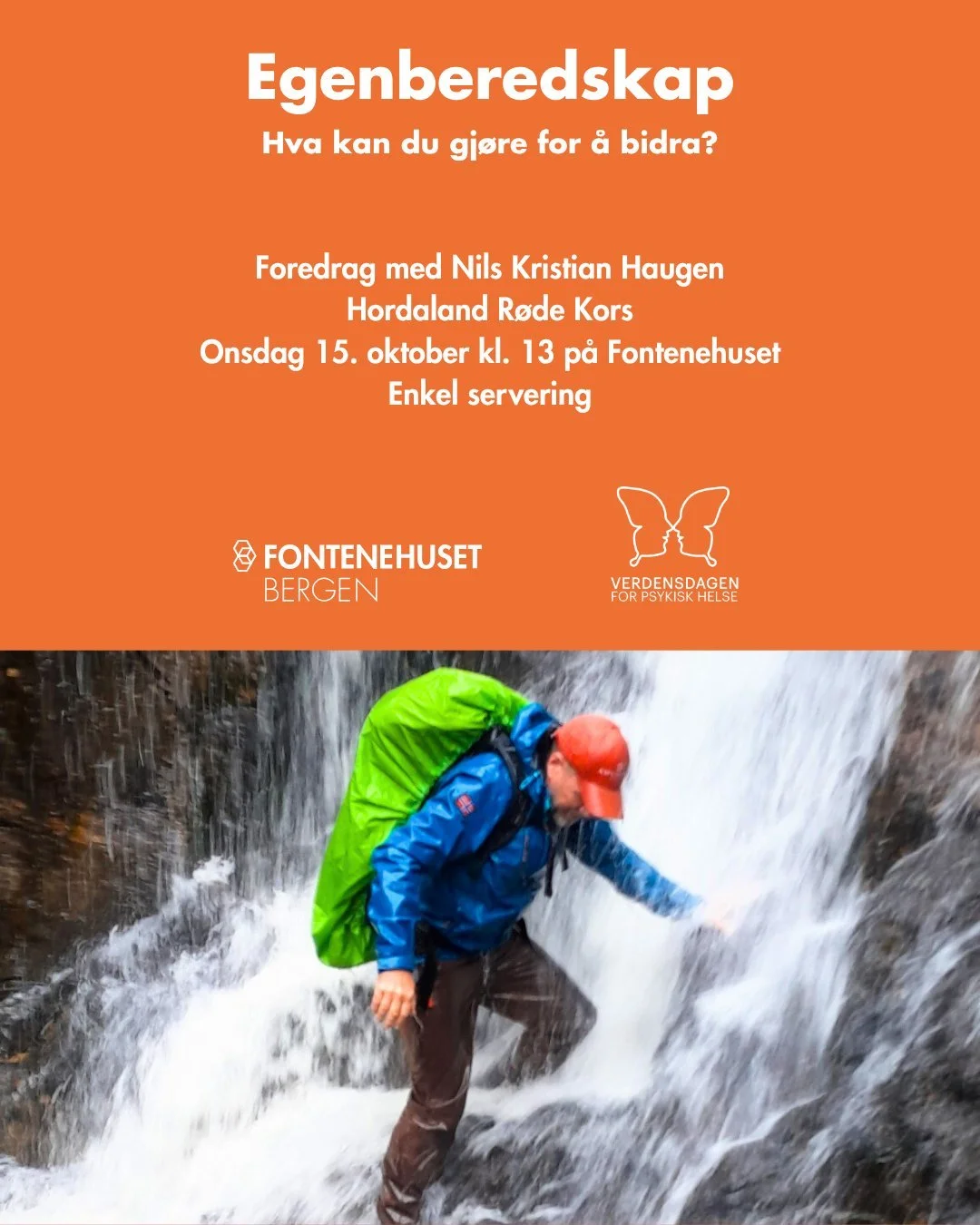 Husk: I morgen markerer vi Verdensdagen for psykisk helse. Det blir intern workshop p&aring; formiddagen og vi inviterer til &aring;pent foredrag med Nils Kristian Haugen fra Hordaland R&oslash;de Kors fra kl 12:30.

Vi h&aring;per at du vil v&aelig;