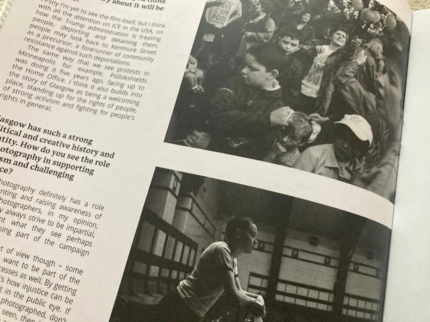 Photograph of a black and white images in a magazine, with text to the left.