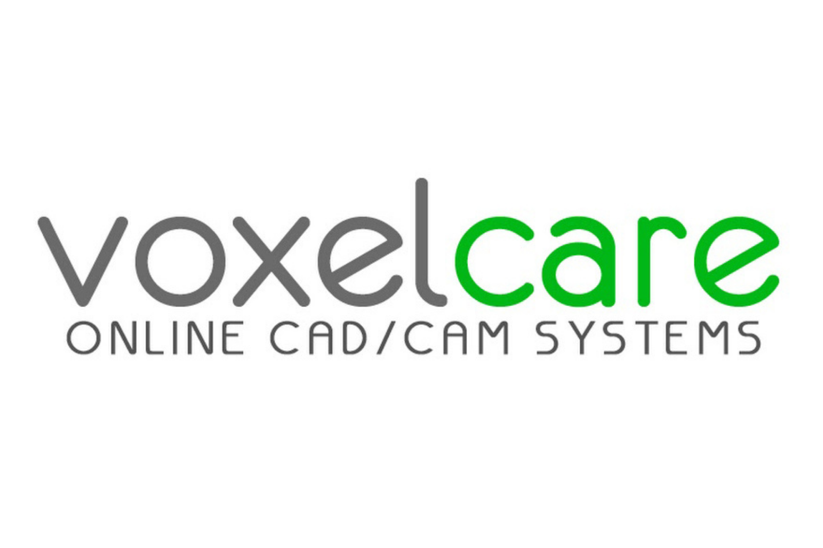 Logo for Voxel Care, a company offering online CADD/CAM systems. The logo features the words "voxel" in gray and "care" in green, with the tagline "ONLINE CADD/CAM SYSTEMS" in black underneath.