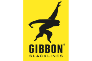 Gibbon Slacklines logo with a black silhouette of a gibbon walking on a slackline against a yellow background.