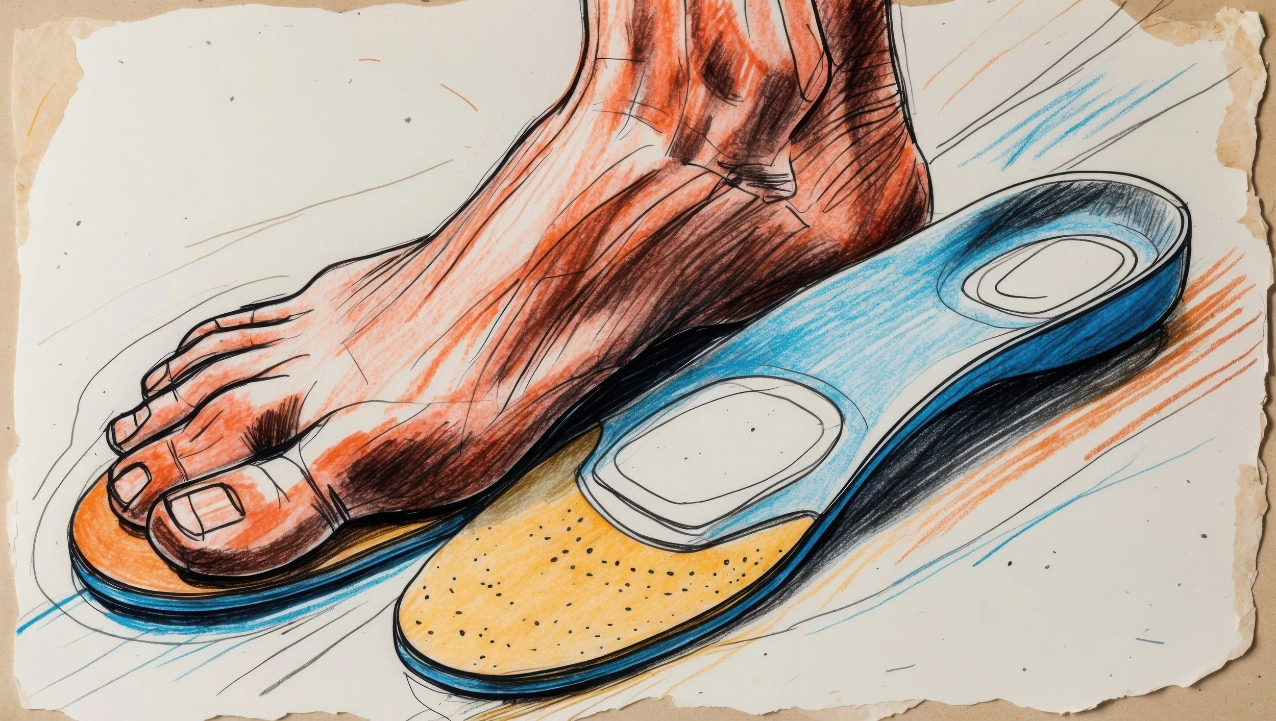 Hand sketch of a human foot stepping into a shoe with colorful, abstract lines and shading.