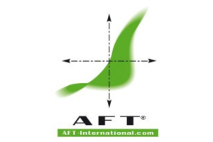 Green abstract leaf shape above the text 'AFT' with a website URL 'AFT-international.com' underneath.