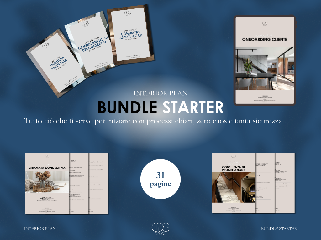 Copertine di vari documenti di interior design e pianificazione di progetto, con un visual di un'area moderna e ben arredata. Testo promozionale per un bundle di documenti di interior plan con 31 pagine.